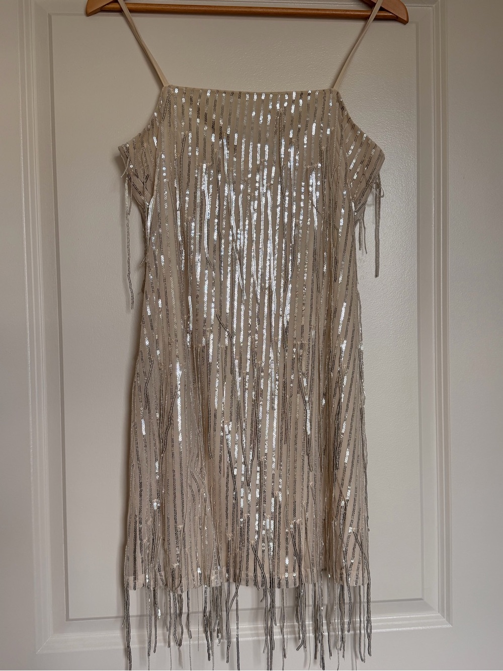 Sequin Fringe Slip Dress - Beige/Silver